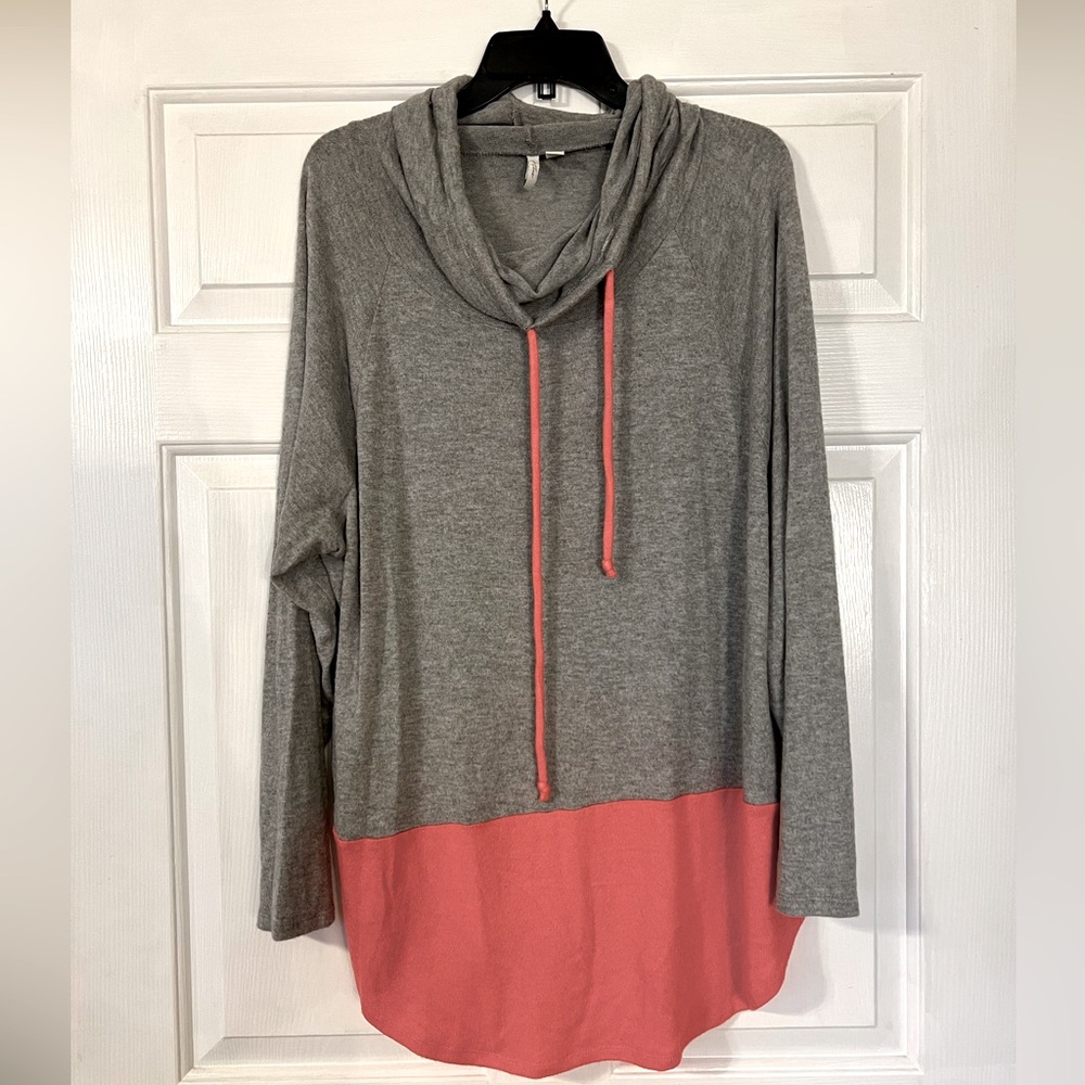 Gray cowl neck top with pink block bottom.
